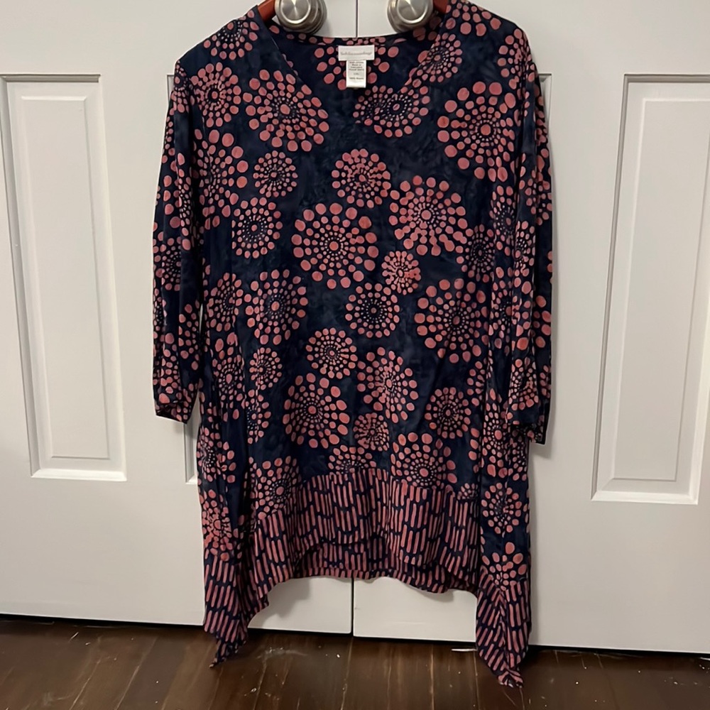 Soft Surroundings Rayon Batik Blue-Pink Dots 3/4-Sleeve w/ Side pockets Tunic